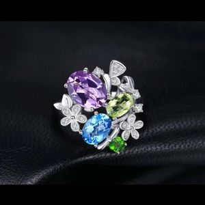 Natural Amethyst Blue Topaz Flower Ring